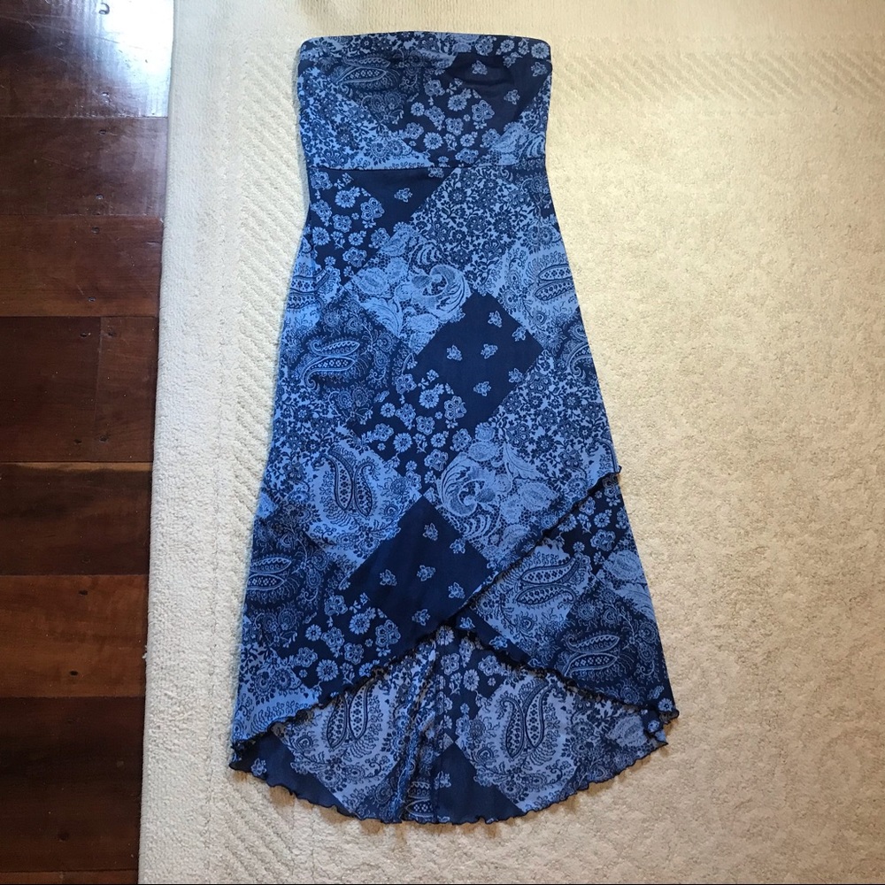 Blue Paisley Strapless High Low Up Front Dress